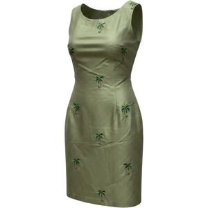 Bobbie Bee 100% Silk Palm Tree Embroidered Sheath Dress Sage Green Size 14